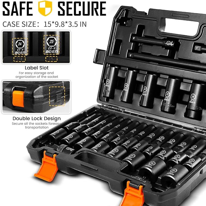 boen 45PCS 1/2” Drive Metric Socket Set, Impact Deep& Shollow Socket(9mm-32mm), 6 Point Lug Nut for Auto Repair with Portable Case, CR-V Steel