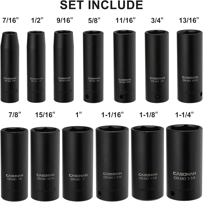 CASOMAN 1/2-Inch Drive Deep Impact Socket Set, 13 Pieces Set, 7/16"-1-1/4", CR-MO, SAE, Heavy Duty Storage Case