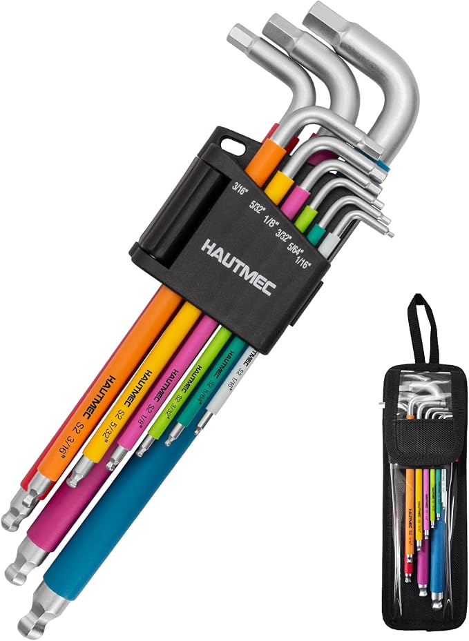 HAUTMEC SAE Allen Wrenches Sets with Ball End, 9PCS Extra Long Arm Hex Key Set, Heavy-Duty S2 Steel Pro Allen Key Set, 1/16" to 3/8", Color Coded Sleeve with Belt Loop Pouch for Professional Mechanics