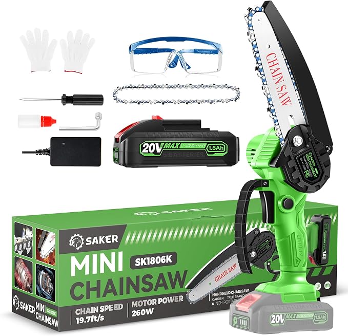 Saker Mini Chainsaw Cordless,6 Inch Chainsaw, Mini Electric Chainsaw Cordless Battery Powered,One-Hand Portable Chain Saw for Tree Trimming, Pruning&Wood Cutting,Gifts for Men Husband Father