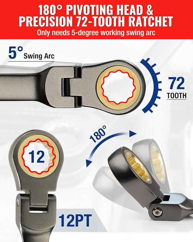 WORKPRO 8-piece Ratcheting Combination Wrench Set, SAE & Nickel Plating | SAE 5/16-3/4 in, 180° Flex-Head, 72-Teeth Cr-V Steel, Combination Wrench Set with Organizer Bag for Auto Repair & Home DIY