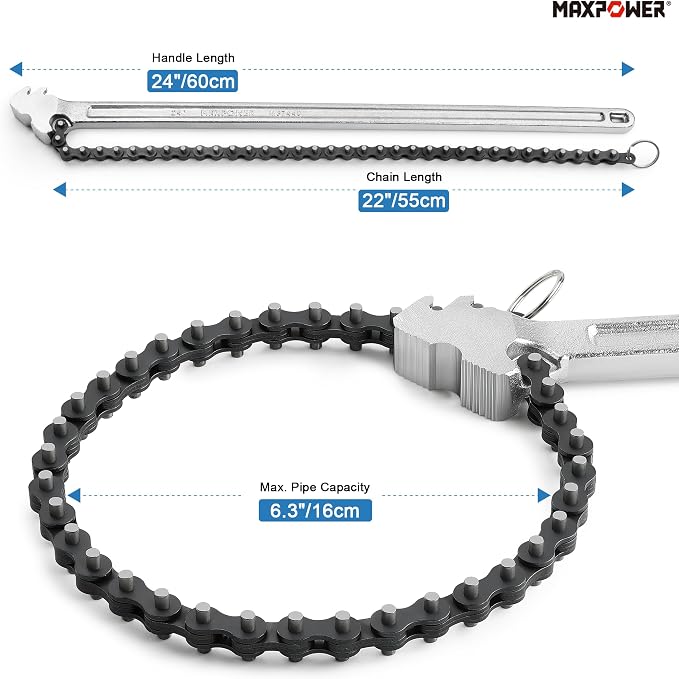 MAXPOWER 24 inch Chain Wrench, 6.3" Pipe Capacity, I-Beam Handle | Heavy Duty Chain Pipe Wrench with 22" Chain, Ideal for Plumbing, Large Pipes Fittings, Industrial Oil Filters