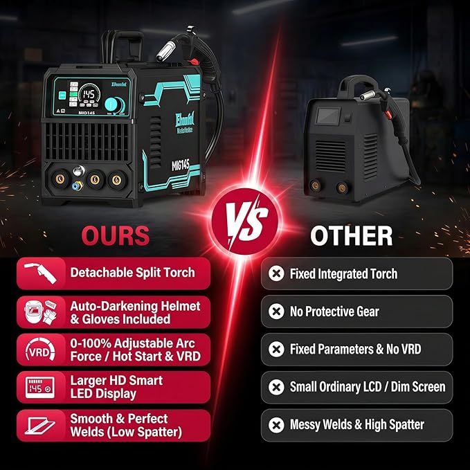 145A 4-in-1 MIG Welder,110V/220V Dual Voltage Gas MIG/Flux Core MIG/Lift TIG/Stick Multiprocess MIG Welding Machine, Portable IGBT Inverter with Synergic Control & Auto Darkening Helmet，Gloves