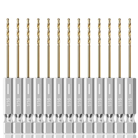13PC 1/16" Titanium Coated Twist Hex Shank Drill Bit Set, 135 Degree Tip HSS Drill Bit Sets, Impact Driver Drill Bits for Wood, Steel, Metal, Plastic with Quick Change Design