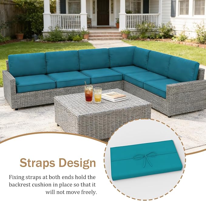 14 Piece Outdoor Furniture Replacement Cushions, Cover+Filling, 25.6" x 25.6" x 4" Foam Waterproof Outdoor Sofa Cushion Sets, Fit Wicker Rattan Sectional Conversation Set,Teal