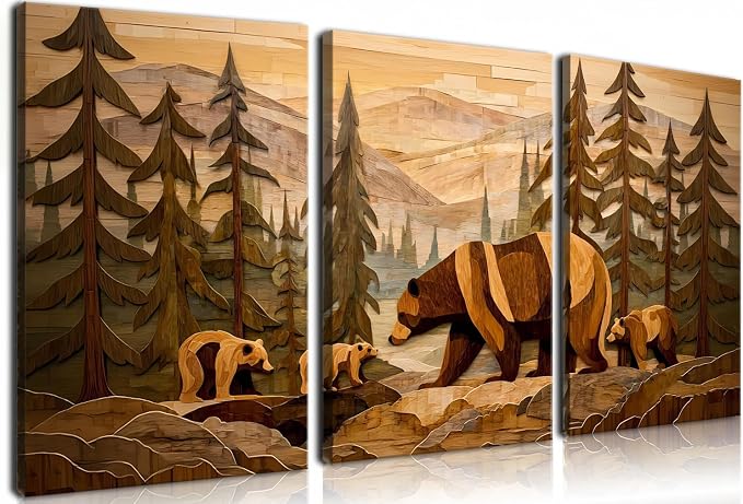 Frimeeme 3-Piece Framed Rustic Forest Bear Canvas Wall Art,Woodland Cabin Decor, for Cabin, Farmhouse, Living Room, Bathroom,16x24 Inch