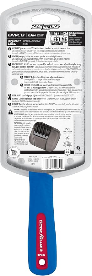 Channellock Adjustable Wrench 8WCB - Wide Jaw, 1-1/2 In. Capacity - 8-Inch