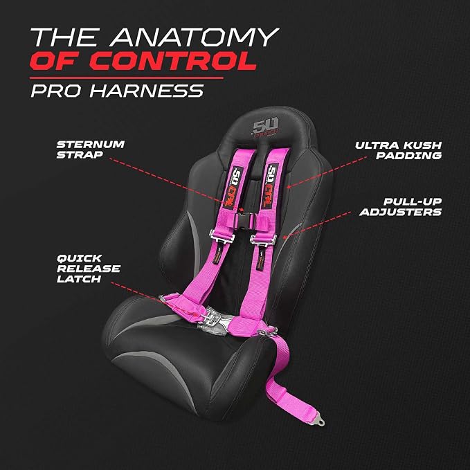 1pc 50 Cal Pink 4 Point Harness 3 inch straps, Racing Harness Seat Belt | Ultra Kush padding, Push Button quick release hardware. Universal Fit for UTV, RZR, race car