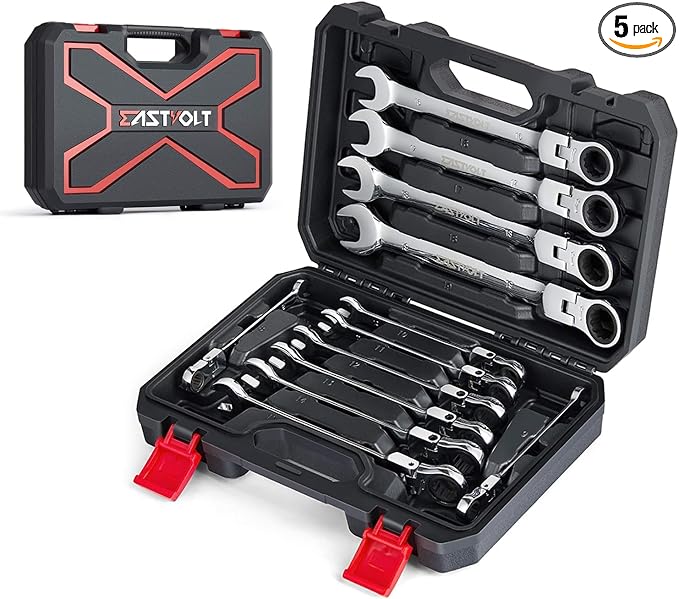 Eastvolt 12-Piece Flex-Head Ratcheting Wrench Set, Metric 8mm-19mm, Combination Ended Spanner kits, Chrome Vanadium Steel with Toolbox, EVHT1201 (Pack of 5)