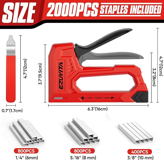 Light Duty Staple Gun for Wood, Red Upholstery Staple Gun Kit with 2000pcs JT21 Staples 1/4, 5/16, 3/8 inch and Staple Remover, Stapler Gun for Crafts, DIY, Classroom, Mothers Day Gift