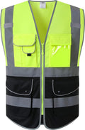 JKSafety 9 Pockets High Visible Reflective Safety Vest Zipper Front Breathable Lining, Yellow-Black Meets ANSI/ISEA Standards(150-Yellow-Black L