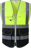 JKSafety 9 Pockets High Visible Reflective Safety Vest Zipper Front Breathable Lining, Yellow-Black Meets ANSI/ISEA Standards(150-Yellow-Black, XXL