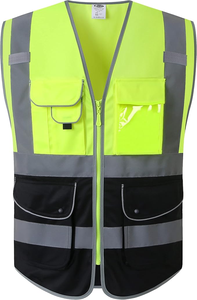 JKSafety 9 Pockets High Visible Reflective Safety Vest Zipper Front Breathable Lining, Yellow-Black Meets ANSI/ISEA Standards(150-Yellow-Black, XXL