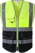 JKSafety 9 Pockets High Visible Reflective Safety Vest Zipper Front Breathable Lining, Yellow-Black Meets ANSI/ISEA Standards(150-Yellow-Black, XXL