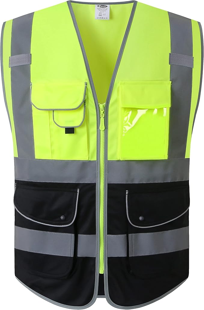 JKSafety 9 Pockets High Visible Reflective Safety Vest Zipper Front Breathable Lining, Yellow-Black Meets ANSI/ISEA Standards(150-Yellow-Black, XXL