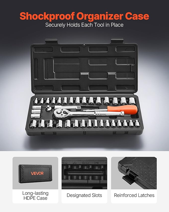 VEVOR Socket Set, 39 Pieces, 3/8 & 1/4 inch Drive Socket and Ratchet Set, SAE and Metric Size, Mechanic Tool Kit with Ratchet Wrench, Accessories, Storage Case, CR-V Alloy Steel, for Automotive Repair | CR-V Mechanic Tool Set with Ratchet Wrench, Acces...