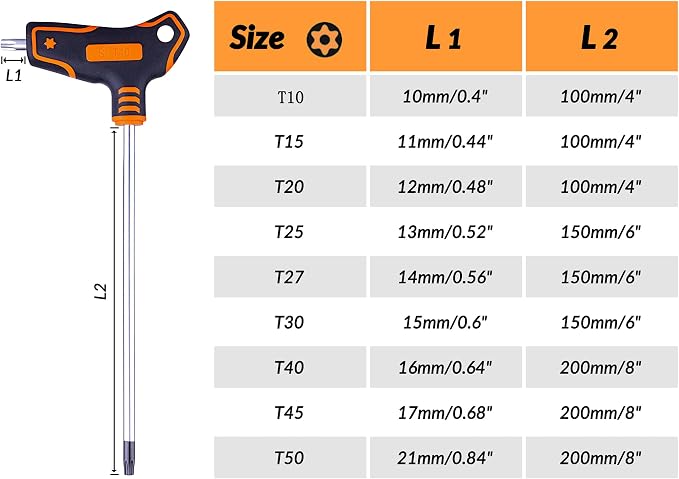 NordWolf 9-Piece T-Handle Torx Wrench Set, S2 Steel Long Arm Security Star Keys, Sizes T10 to T50 in Storage Box