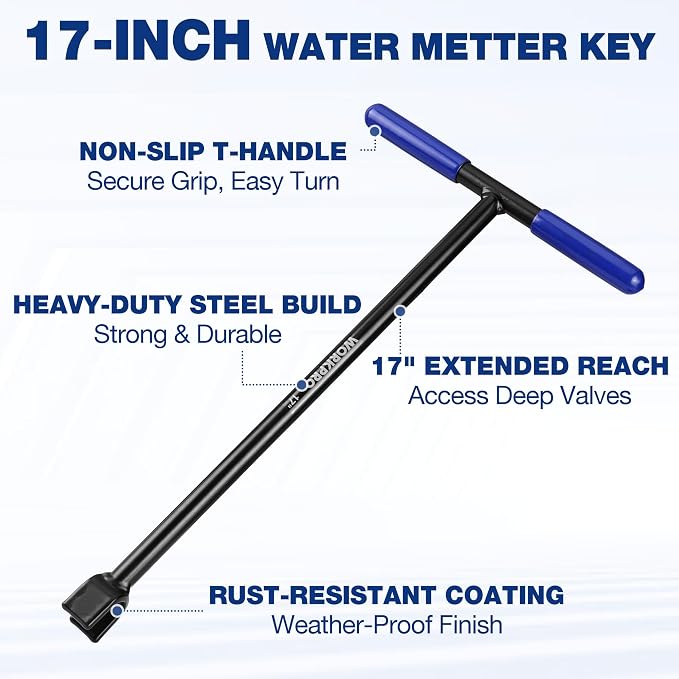 WORKPRO 17" Water Meter Key with 4 Way Utility Key, Heavy Duty Steel Water Shut Off Curb Key with Non-Slip T-Handle, Extended Reach Valve Tool for Outdoor Underground Water Valves
