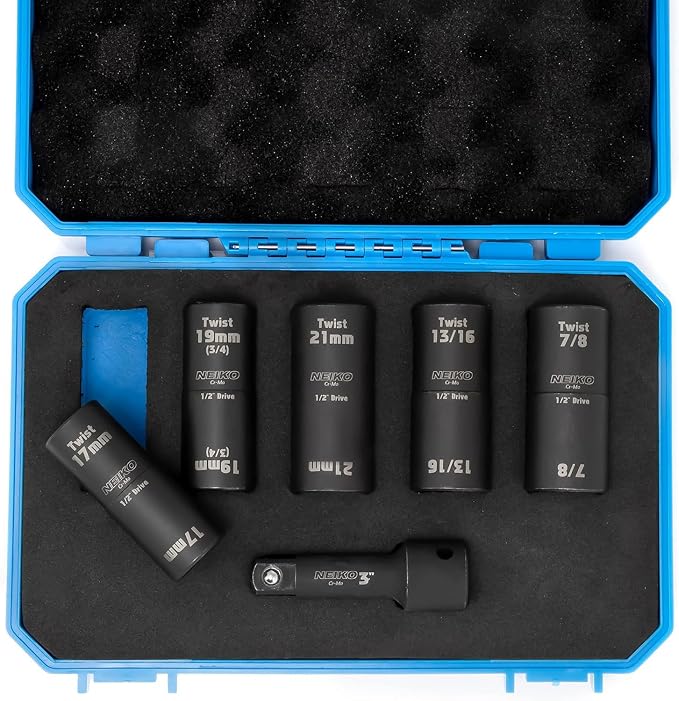 NEIKO 02340A Twist Socket Set, 6 Pc Lug Nut Extractor, SAE & Metric, 1/2 Inch Dr. Impact Flip, 6 Point, CR-Mo Steel Wheel, 3" Impact Extension Bar, Black