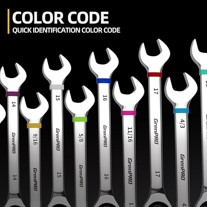 GRENPRO Ratcheting Wrench Set, 23PCS Combination Wrench Sets, Wrench Set Metric and Standard & SAE, 6-18mm & 1/4" to 3/4" with Color Ring, Ratchet Set With Roll Up Pouch, CRV Socket Mechanic Tool Sets