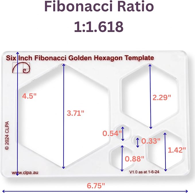 Fibonacci 6" 3-Piece Drawing Template Set, Golden Ratio Stencils | Australian Designed and Made; Triangle, Pentagon and Hexagon; PETG