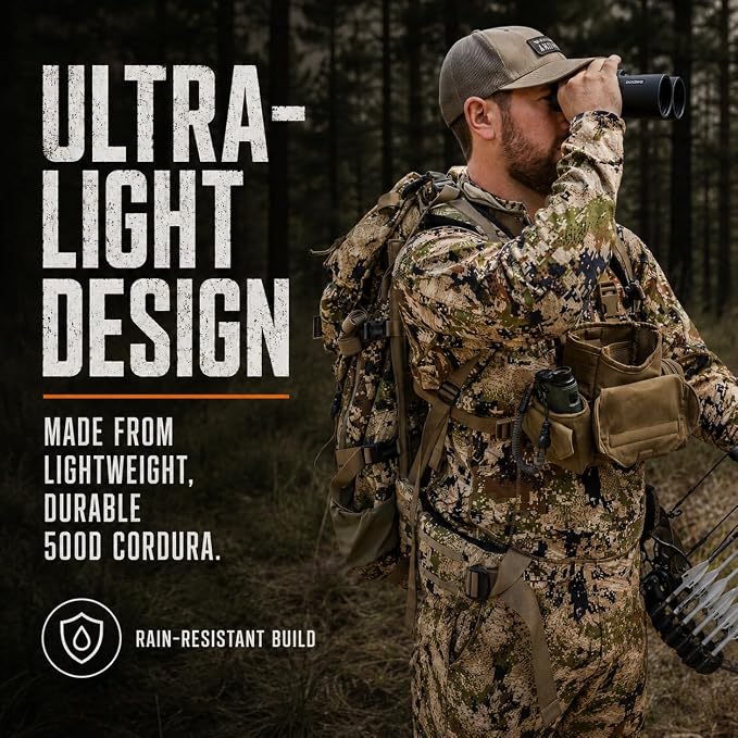 Binocular Harness Chest Pack - Bino Harness Hunting Chest Rig | Waterproof 500D Cordura case, silent magnetic closure, MOLLE rangefinder pouch, elk deer glassing