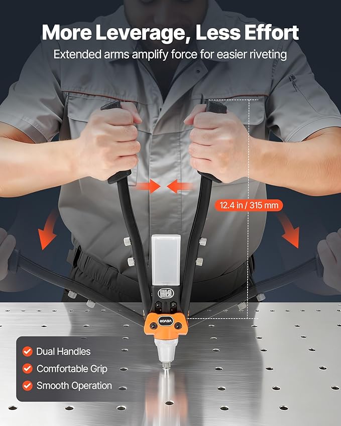 VEVOR Pop Rivet Gun Kit, with 230 Blind Rivets, Two-Handed Riveter with 5 Interchangeable Nosepieces, 5 Drill Bits, and a Carrying Case, Manual Riveting Tool for Metal, Automotive, Home, and DIY