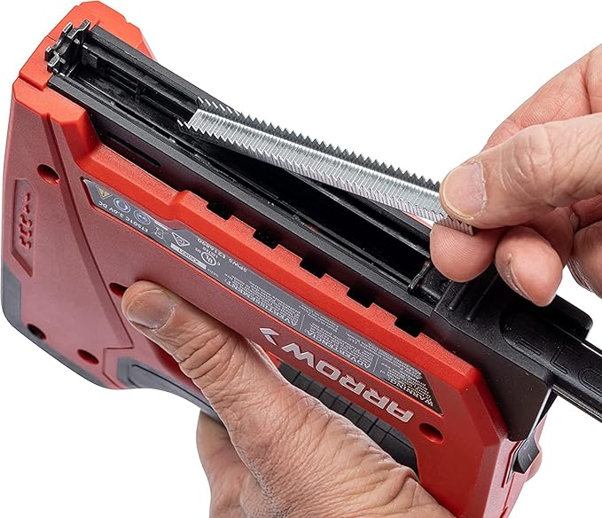 Arrow ET501C Cordless 5-In-1 Professional Staple and Nail Gun, Battery Powered Wire Stapler and Brad Nailer for Upholstery, Framing, Roofing, Crafts, Fencing, Cable, Black/Red