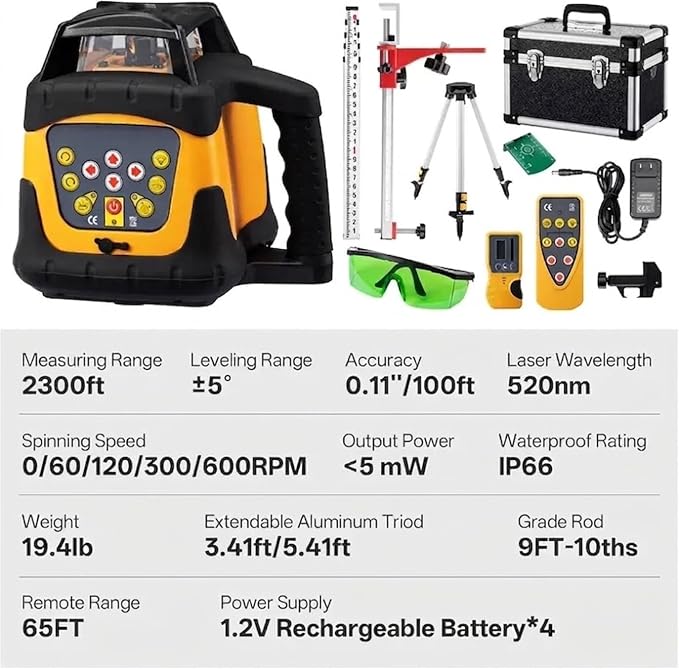 Self-Leveling Green Rotary Laser Level Kit, 2300ft Range with Receiver, ±1/10" Accuracy at 100ft, Class II ≤ 5 mW Laser, IP66 Waterproof, Includes Tripod, Grade Rod & Carrying Case