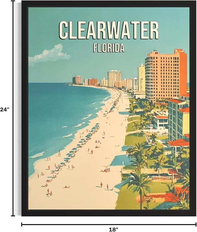 Clearwater Beach Florida Black Framed Wall Art Print Poster, US Vintage Retro Beach Scenery Posters Prints for Restroom Home Picture Painting Artwork Gallery 219 (Clearwater Beach Florida, 24"L x 18"W, Black Frame)