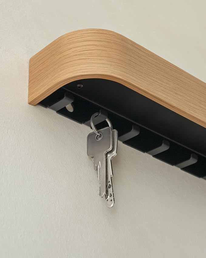 Kazai. Key Holder 'Toke' | Minimalist Key Hook Design from Berlin | Modern Key Holder Wall Mount with Wooden Shelf | Key Rack for Wall as Entryway Organizer | Oak