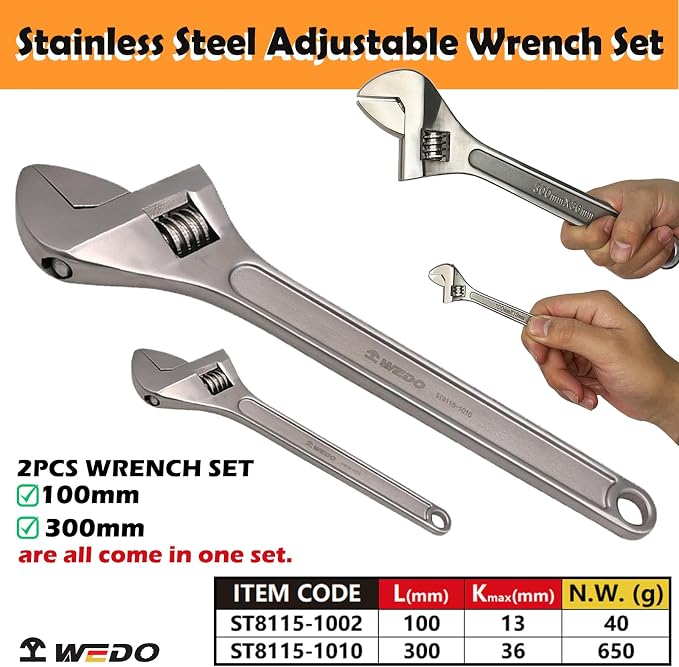 WEDO 2PCS Adjustable Wrench Set 4",12",Stainless Steel | Wide Jaw Spanner,Professional Spanner,Precision Jaws,Corrosion Resistant,For Automotive,Home and Plumbing Repairs