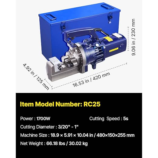 Happybuy Electric Hydraulic Rebar Cutter 1350W RC-22 110V - Portable, Cuts #7 4-22mm Rebar in 4.5 Seconds, with Stainless Steel Carry Case