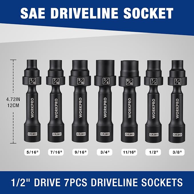 WORKPRO 7PCS 1/2" Drive Driveline Socket Set with Storage Case | 12-Point SAE Swivel Socket, CR-MO Steel Driveline Limited Clearance Socket Set for Automotive and Mechanical Use