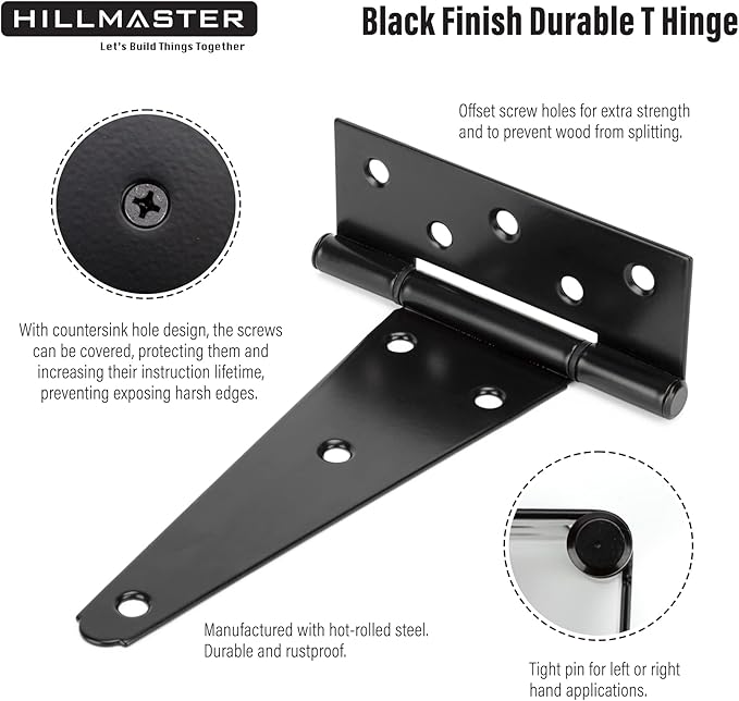 HILLMASTER 10 Inch T-Strap Heavy Duty Shed Door Hinges Gate Strap Hinges Black Tee Hinge Wrought Hardware for Wooden Fences,Yard,Barn Door,Rustproof (4 Pack)