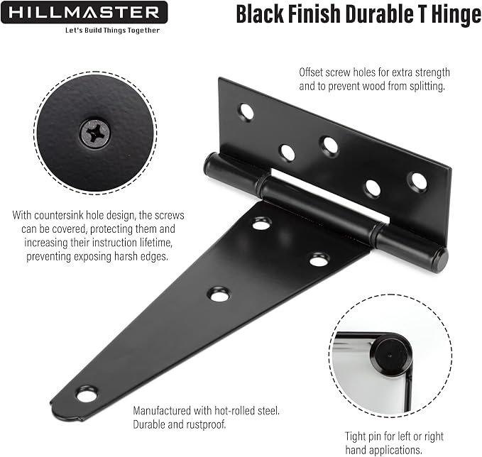 HILLMASTER 10 Inch T-Strap Heavy Duty Shed Door Hinges Gate Strap Hinges Black Tee Hinge Wrought Hardware for Wooden Fences,Yard,Barn Door,Rustproof (2 Pack)