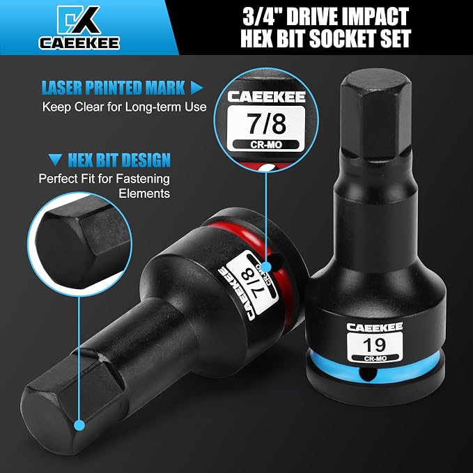 3/4" Drive Master Impact Hex Bit Socket Set, 10 Pieces Allen Bit Socket Set, Cr-Mo, SAE/Metric, 3/4" - 1-1/4", 14mm - 24mm, Heavy Duty Storage Case