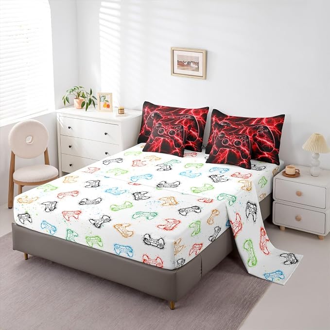 Erosebridal Gaming Bed in a Bag King Size Comforter Set 7 Pieces, Gamer Bedding Sets Retro Game Console Comforter and Sheet Set, Red Lightning Room Decor,Kids Bedroom Decor