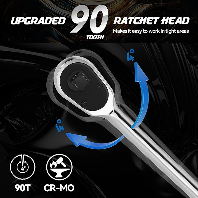 DISEN Extra Long Handle 1/2" Drive Ratchet Socket Wrench,90-Tooth Ratchet Wrench with 14" Handle and Dust Proof Teardrop Enclosed Head, Reversible, CR-V Steel Made, CR-MO Head, Gifts for Men