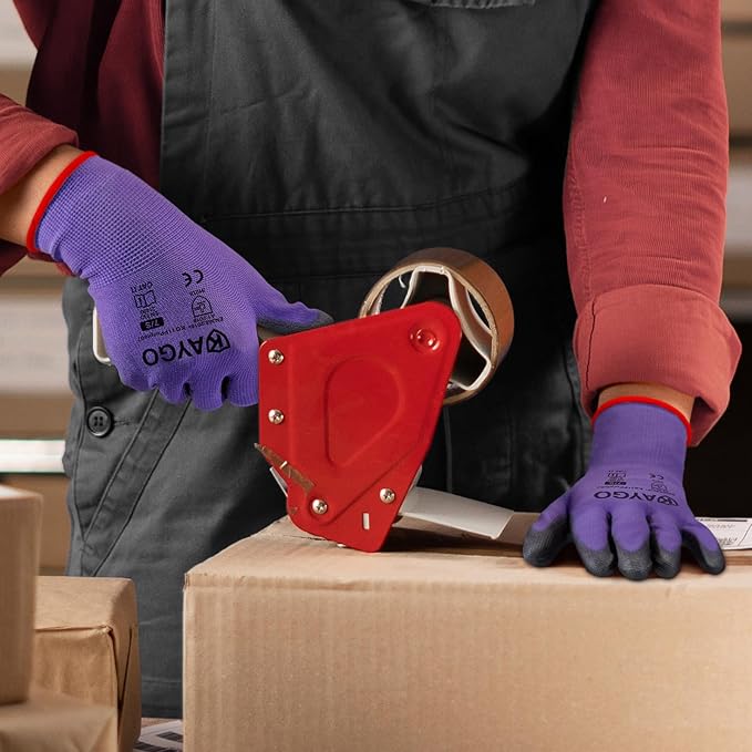 KAYGO Work Gloves for Men and Women,12 Pairs Seamless Knit PU Coated Safety Gloves, with Smooth Grip on Palm and Fingers, Ideal for Light Warehouse, Manufacturing, Gardening, KG11P (S, Purple)