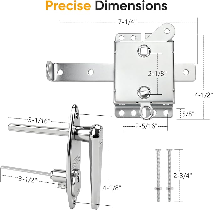 Heavy-Duty Garage Door Lock Kit, Universal L-Handle with Inside Side Latch, Copper Cylinder & Keys, Zinc Alloy Handle, Complete Hardware Set for Shed Barn Garage Doors, 3 Sizes Screws-1 Set
