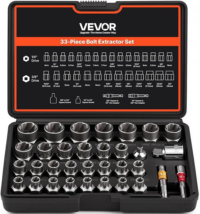 VEVOR Bolt Extractor Set, 32-Piece Bolt and Nut Remover Set, 6mm to 10mm, 13/32" to 3/4", CR-MO Steel Extraction Socket Set with Storage Case, for Removing Damaged Rusted Bolts, Nuts and Screws