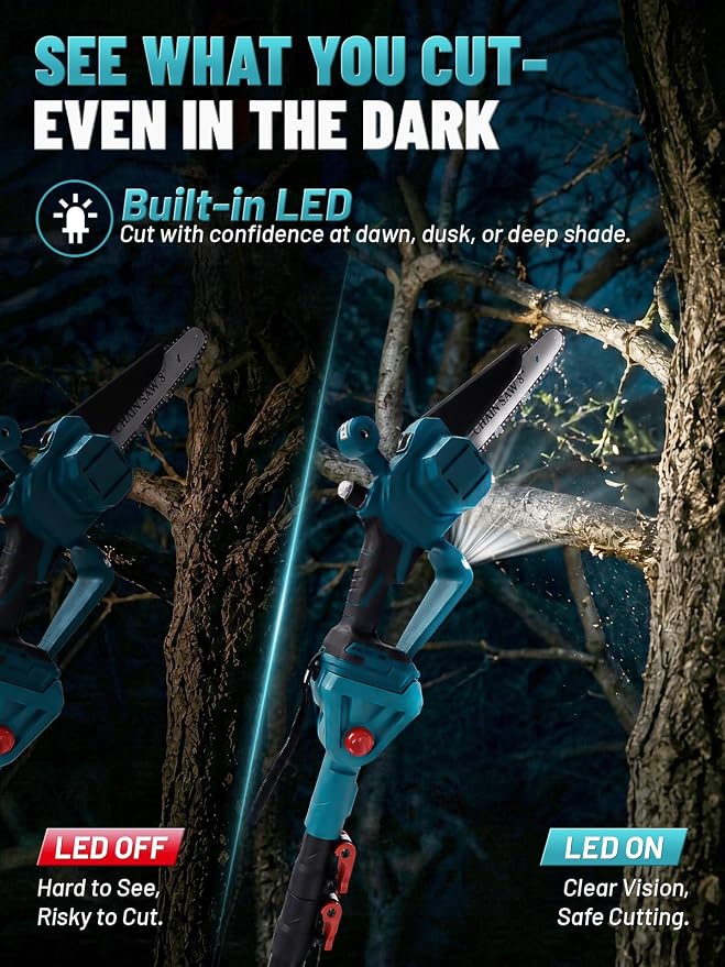 2-in-1 Electric Pole Saw for Tree Trimming,8'' Mini Chainsaw Cordless with Extension Pole,LED Light for Dim Environment, Battery Powered Pole Chainsaw for Tree Trimming 2x4.0Ah Rechargeable Batteries.