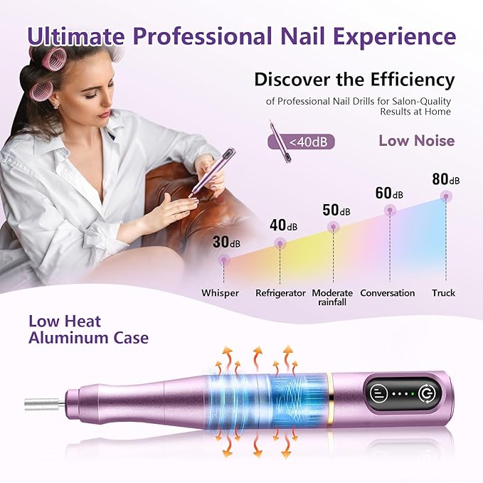 TUOBEO Cordless Nail Drill Electric Nail File Kit, Rechargeable Efile Set, Portable Acrylic Gel Nail Polish Remover Machine, Pedicure Manicure Tool, 11 Bits, 56 Sanding Bands, Salon Home, Purple