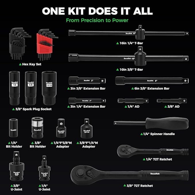 TecoTek 1/4" & 3/8" Dr. Impact Socket Set, 189 Piece Socket Wrench Set Mechanic Tools, Metric and SAE Full Set, CR-V, Deep & Shallow Socket with Ratchet Handle, Spark Plug Socket, Bits for Mechanic