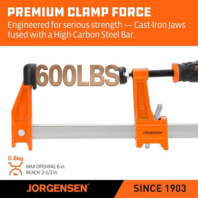 Jorgensen 6-Inch Bar Clamp Set, Medium Duty Steel Bar Clamps for Woodworking, Wood Clamps with 600 lbs Load Limit, 2-Pack