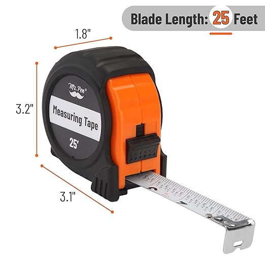 Mr. Pen- Retractable Tape Measure 25 ft, Orange, Easy Read, Steel Retractable Measuring Tape with Fractions, Ideal for Construction & DIY Projects