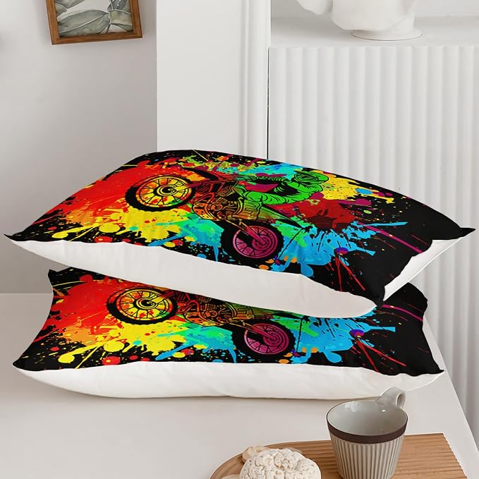 Axolotl Motocross Bedding Set Twin,Dirt Bike Comforter Set,Extreme Sports Bedding,Motorcycle Racer Comforter Set Motocross Comforter Motor Vehicles Biker for Boys Kids Teens Men,1 Quilt 2 Pillowcases