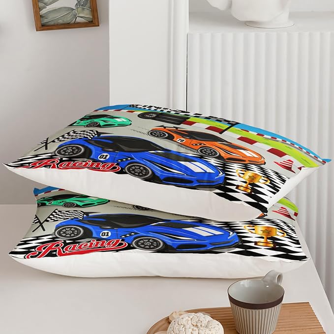 Axolotl Racing Car Bedding Set King,Cool Speed Race Car Comforter for Kids Boys Girls Teens,Racing Cars Quilt Set,Extreme Sport Theme with Three Cars Arrive at Finish,1 Comforter and 2 Pillowcases