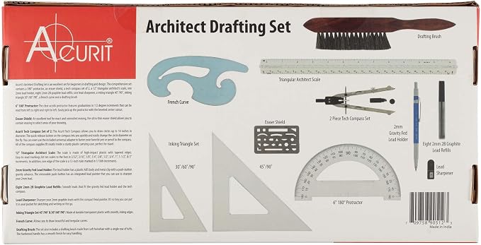 Acurit Drafting Tools Architect Set, 10 Piece Drafting Kit for Architects & Artists: Protractor, Compass, Architect's Scale, 2mm Pencil, Eraser Shield, Triangles, French Curve, Brush
